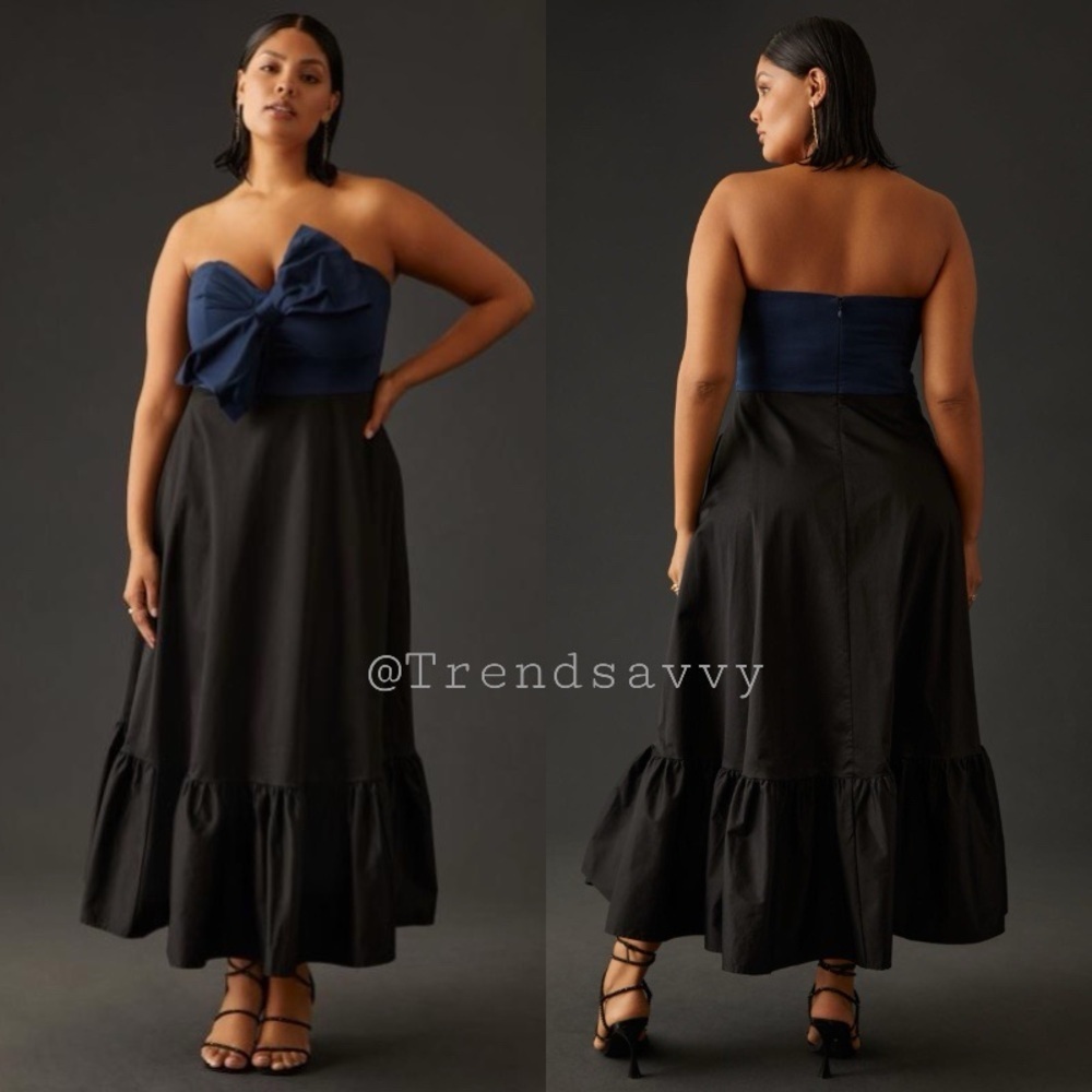 Anthropologie Hutch Sleeveless Bow Tie Maxi Dress Blue Black Flounce Hem 16W NWT